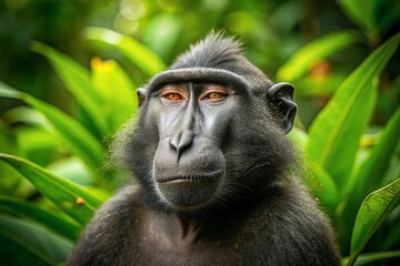 Obraz premium Crested Black Macaque Relaxing in Lush Foliage at Tangkoko National Park, Indonesia, Capturing the Serenity of Nature and Wildlife Photography