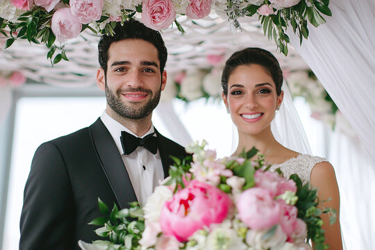 a Jewish wedding with the couple standing under the chuppah.