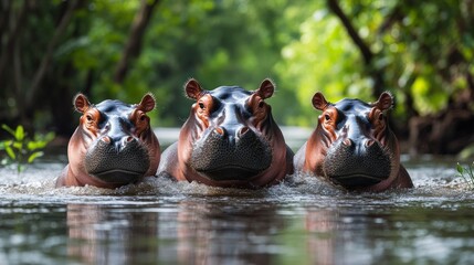 Fototapeta premium Playful Hippos Partially Submerged in a River