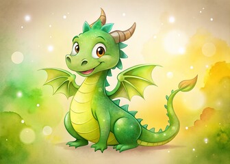 Obraz premium Cute Cartoon Watercolor Green Dragon for New Year 2024, Mythical Animal Design for Holiday Cards, Posters, and Prints Featuring a Funny Baby Dinosaur Character