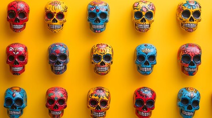 Colorful decorative skulls in vibrant patterns against a bright yellow background.