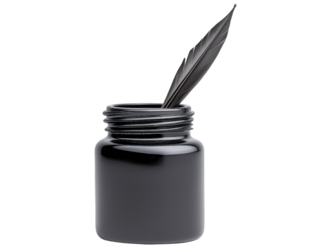 Black ink jar with a feather quill on a transparent background for artistic and creative designs, writing, or calligraphy concepts in digital projects.