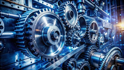 Dazzling Double Exposure of Gear Machinery in Silver and Blue, Merging Industrial Elements with Abstract Textures for a Unique Artistic Perspective