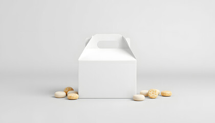 White three blank mockup paper pastries candies box with handle in grey background isolated with white highlights, png