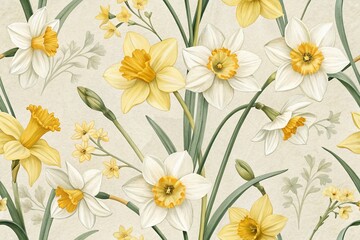 Delicate Daffodil Floral Print for Spring Fabric Design, Ideal for Easter Textiles, Wallpaper, and Scrapbooking Projects Featuring Low Light Photography Aesthetic