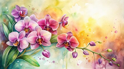 Fototapeta premium Delicate Watercolor Orchids in Bloom: A Serene Botanical Illustration Perfect for Home Decor and Floral Enthusiasts, Showcasing Vibrant Colors and Soft Brush Strokes