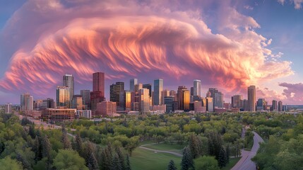 Obraz premium Stunning sunset view of a vibrant city skyline under dramatic clouds.