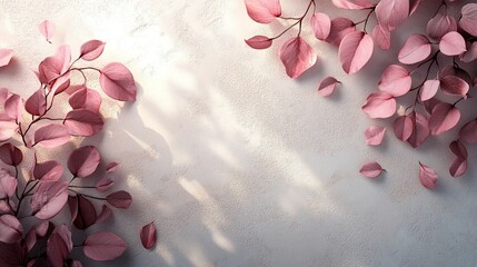Obraz premium A wall adorned with abstract plant leaves, showcasing dappled sunlight and shadows in a pink rose gold tone.