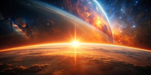 Naklejka premium A celestial sunrise illuminating a distant world, showcasing a fiery landscape and an ethereal nebula in the cosmic expanse.