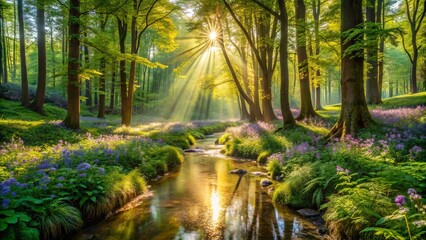 Fototapeta premium Sunlight Dappled Through Trees Illuminating a Serpentine Stream Flowing Through a Meadow of Springtime Blooms