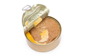 Opened Tin Can with Chicken Liver Pate Isolated on White Background. Open Canned Pate - Isolation