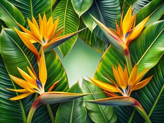 Double Exposure of Golden Strelitzia Flowers and Tropical Leaves Framing an Exotic Hawaiian Jungle Scene for a Summer Time Border Design