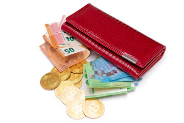 Red Leather Women Purse with Different Euro Banknotes and Bitcoin Coins - Isolated on White Background. A Wallet Full of European Union Paper Money Symbolizing Wealth and Success - Isolation