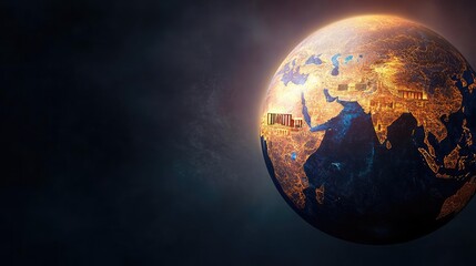 Fototapeta premium Earth viewed from space, illuminated cities, dark background.