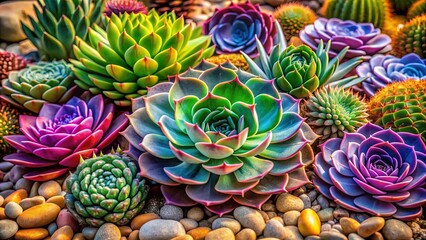 A vibrant tapestry of succulent blooms, each a unique masterpiece of color and texture, set against a backdrop of smooth, sun-warmed stones.