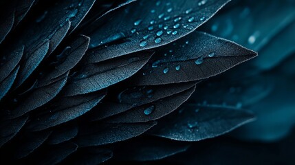 Obraz premium A close-up view of layered dark blue leaves with water droplets scattered on the surfaces, creating a textured, moody aesthetic
