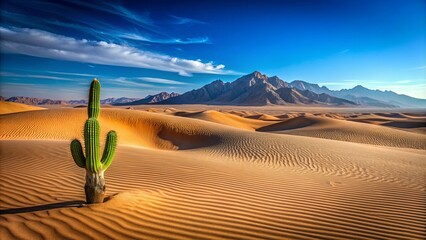 A lone cactus stands tall amidst the vast, rippling desert sands, with majestic mountains in the distance, a serene panorama of nature's resilience.