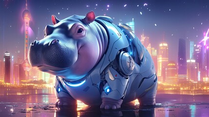Fototapeta premium A Cybernetic Hippopotamus in a Futuristic Cityscape