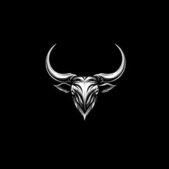 Naklejka premium A stylized, white bull's head with long horns against a black background.