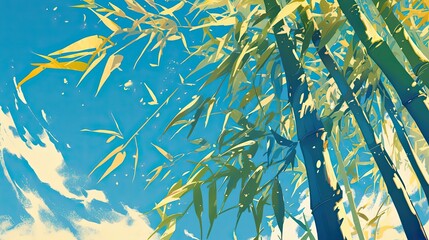 A Low Angle View of Lush Green Bamboo Stalks Against a Vibrant Blue Sky