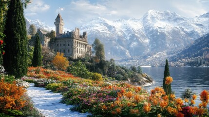 Fototapeta premium Alpine Castle Grandeur: Snowy Elegance and Floral Splendor