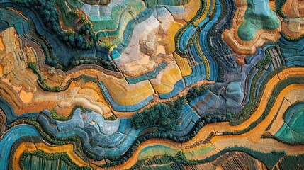 Aerial view of colorful terraced fields, with shades of green, yellow, and blue.