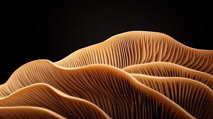 Close-up view of layered, organic gills in a warm tan color, resembling mushroom gills or natural textures, set against a dark background