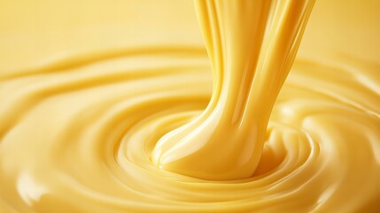 Close-up of smooth, creamy liquid in a rich yellow color, captured mid-pour with gentle ripples forming on the surface, showcasing a thick, flowing texture