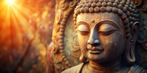 A serene face of a Buddha statue, with eyes closed,  and golden rays of sunlight casting a warm glow over the ancient sculpture.