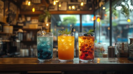 Three refreshing fruit drinks with ice in tall glasses on a wooden counter in a cafe.