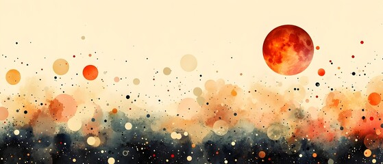 An abstract landscape showcasing a vibrant orange moon against a soft pastel backdrop. The composition features a blend of colorful dots and hues, creating a dreamy atmosphere.