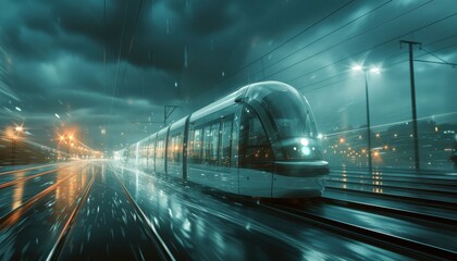 Naklejka premium High-speed train in stormy night, dramatic and thrilling depiction of journey, blending elements of turbulence and engineering marvel.