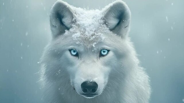 Beautiful wild white arctic wolf in cold snowy winter forest. Wolf pack in hunt. Wild hunter, dangerous animal in nature habitat. Wildlife scene