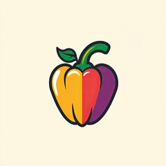 A Colorful Illustration of a Bell Pepper with a Green Stem and Leaf