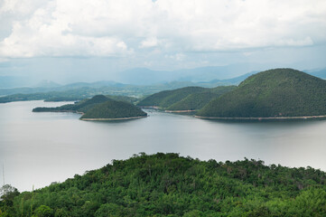 The beautiful viewpoint of the lake on Srinakarin dam, Kanchanaburi province, Thailand 2023. 