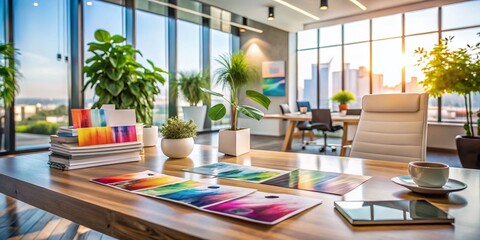 Fototapeta premium Elegant Architectural Photography Showcasing Watercolor Business Cards in a Stylish Office Environment with Natural Light and Creative Design Elements
