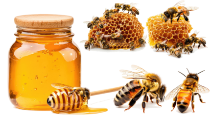 Collection of Honey Bees and Honeycomb on a Transparent Background Generative AI