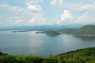 The beautiful viewpoint of the lake on Srinakarin dam, Kanchanaburi province, Thailand 2023. 