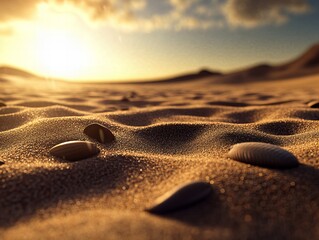 A close-up of a sunlit sandy desert with small scattered pebbles, capturing the warmth and texture...