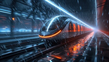 High-speed train racing along illuminated tracks, innovation in motion, a dynamic blend of technological progress and transportation efficiency.