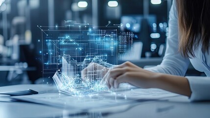 Woman Interacting with a Holographic 3D Model