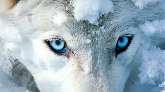 Closeup of beautiful wild white arctic wolf in cold snowy winter forest. Wolf pack in hunt. Wild hunter, dangerous animal in nature habitat. Wildlife scene
