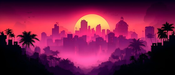 Fototapeta premium A stunning digital artwork depicting a vibrant sunset over a city skyline, with silhouetted palm trees and atmospheric purple-pink hues creating a serene ambiance.