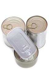 A Group of Stacked Tin Cans with Blank Edges Isolated on White Background. Canned Food. Different...