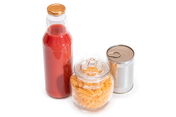 Food Reserves: Canned Food, Spaghetti, Pate, Tuna, Tomato Juice, Pasta, Fish and Grocery - Isolated on White Background. Emergency Food Storage in Case of Crisis. Strategic Food Supplies - Isolation