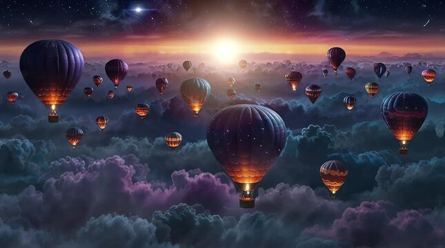 landscape of the night sky with a collection of hot air balloons among the clouds with the sunset in the background. Seamless looping time-lapse virtual 4k video animation background