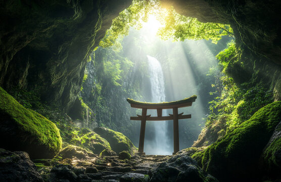 Beautiful Japanese cave with green moss, sunlight shining through the leaves of the trees, and a small shrine gate at its entrance. A magical atmosphere is created by the misty waterfalls.