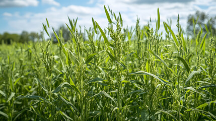 Fototapeta premium Lush Green Oat Plants in Early Spring Sunshine