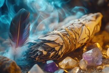 Obraz premium A detailed view of a burning sage stick healing stones and a holy feather