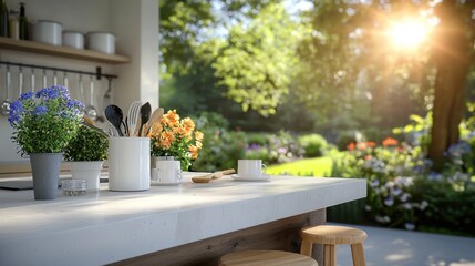 Nature-inspired kitchen: elegant space seamlessly blending modern design natural elements, cleanliness and freshness, importance of a harmonious environment for culinary creativity and well-being.